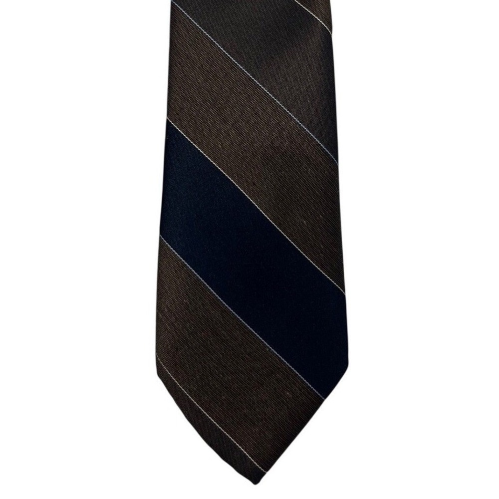 Vintage Mervyns Mens Collection Necktie Brown Navy Stripe Polyester Silk Blend